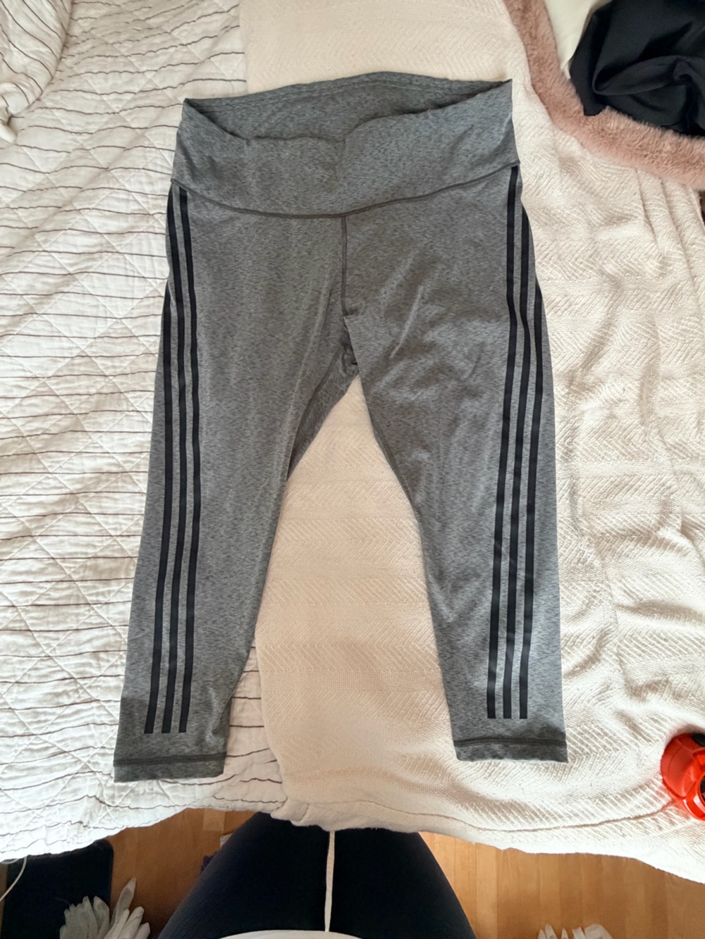 adidas Grey Cropped Leggings with Black Side Stripes